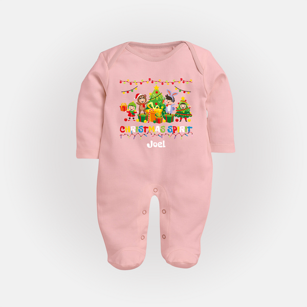 Christmas Spirit - Customized Christmas Themed Sleep Suit For Babies - BABY PINK - New Born (Chest 7.5")