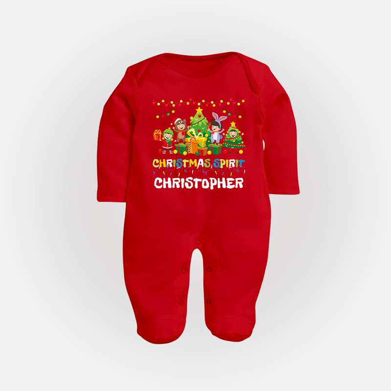 Christmas Split Sleep Suit / Full Sleeve Bodysuit | Custom Baby Sleep Suit / Full Sleeve Bodysuit for Holiday Celebration - RED - New Born (Chest 7.5")