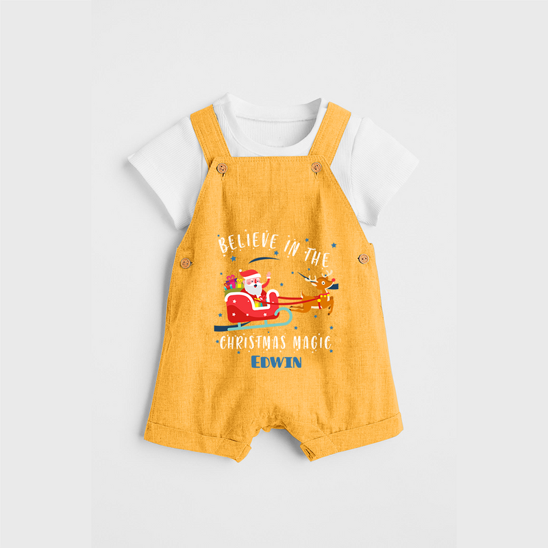 Believe In The Christmas Magic - Customized Christmas Themed Dungaree Set For Kids - PASTEL YELLOW - 0 - 5 Months Old (Chest 18")