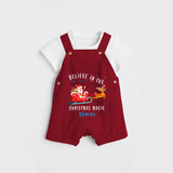 Believe In The Christmas Magic - Customized Christmas Themed Dungaree Set For Kids - RED - 0 - 5 Months Old (Chest 18")