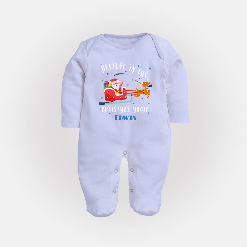 Believe In The Christmas Magic - Customized Christmas Themed Sleep Suit For Babies - BABY BLUE - New Born (Chest 7.5")