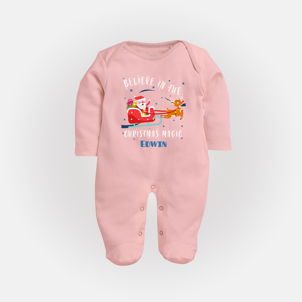 Believe In The Christmas Magic - Customized Christmas Themed Sleep Suit For Babies - BABY PINK - New Born (Chest 7.5")