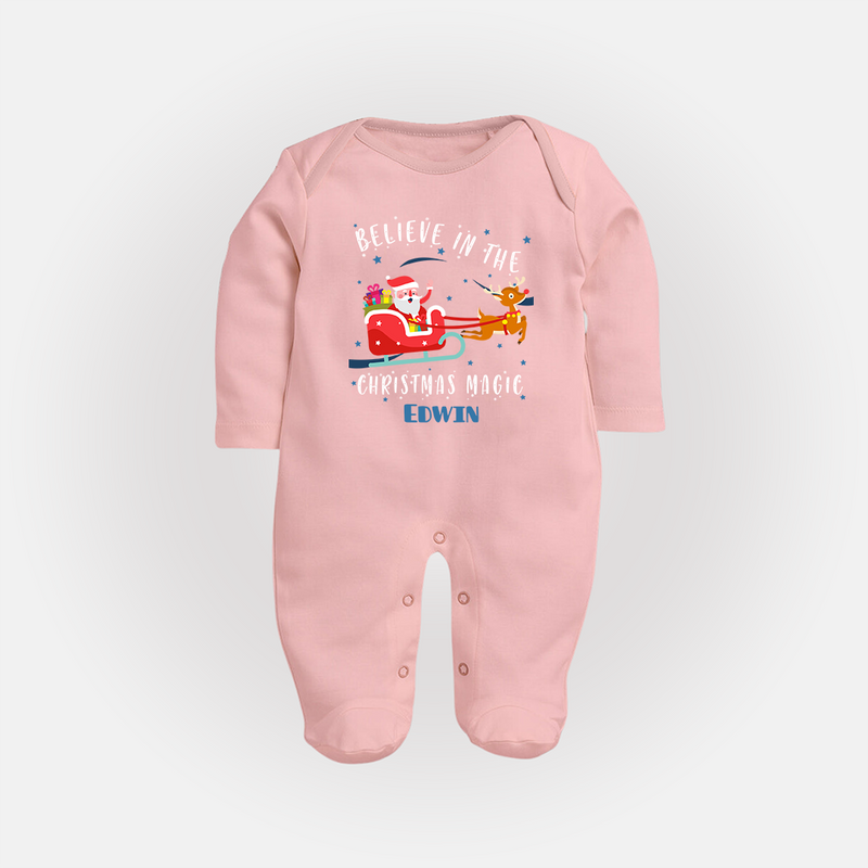 Believe In The Christmas Magic - Customized Christmas Themed Sleep Suit For Babies - BABY PINK - New Born (Chest 7.5")