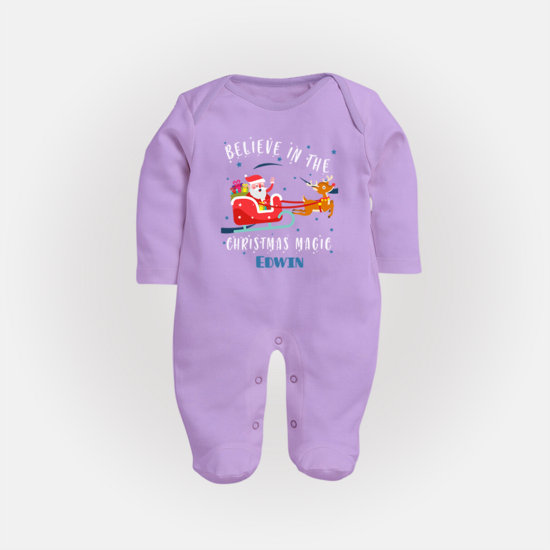 Believe In The Christmas Magic - Customized Christmas Themed Sleep Suit For Babies - LILAC - New Born (Chest 7.5")