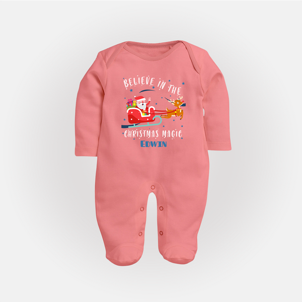 Believe In The Christmas Magic - Customized Christmas Themed Sleep Suit For Babies - PEACH - New Born (Chest 7.5")