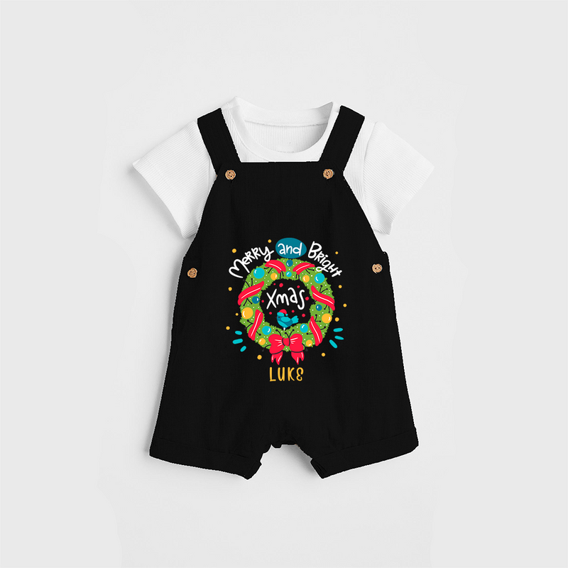 Merry And Bright Xmas - Customized Christmas Themed Dungaree Set For Kids - BLACK - 0 - 5 Months Old (Chest 18")