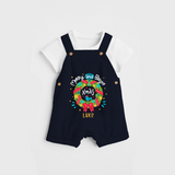 Merry And Bright Xmas - Customized Christmas Themed Dungaree Set For Kids - NAVY BLUE - 0 - 5 Months Old (Chest 18")