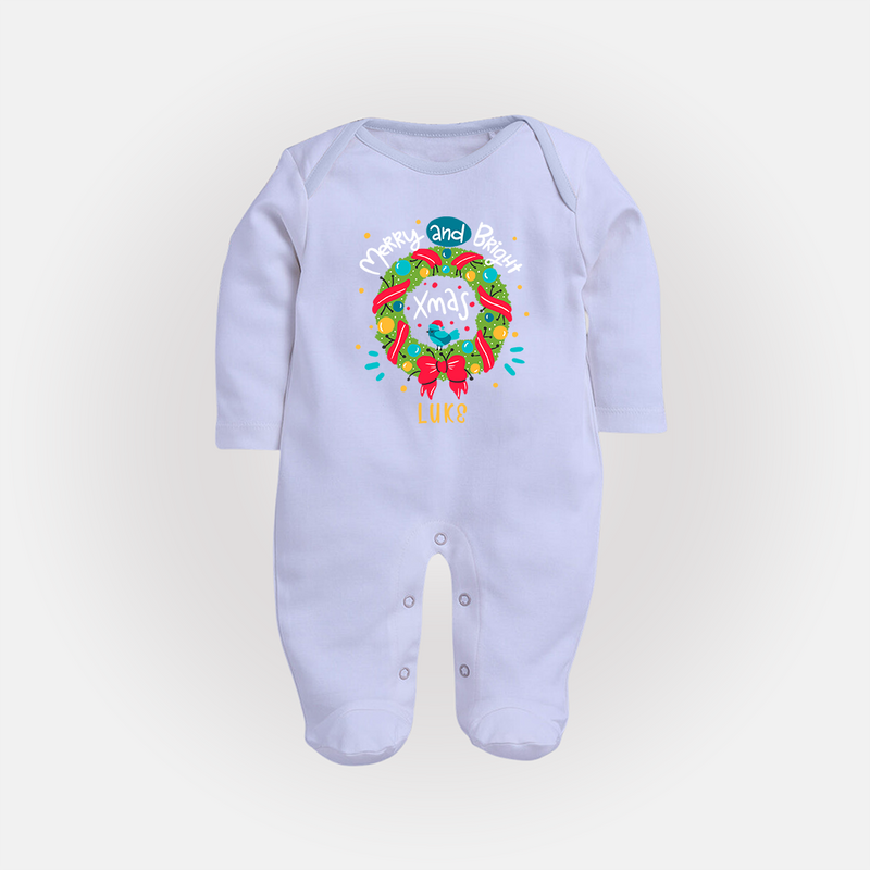 Merry And Bright Xmas - Customized Christmas Themed Sleep Suit For Babies - BABY BLUE - New Born (Chest 7.5")