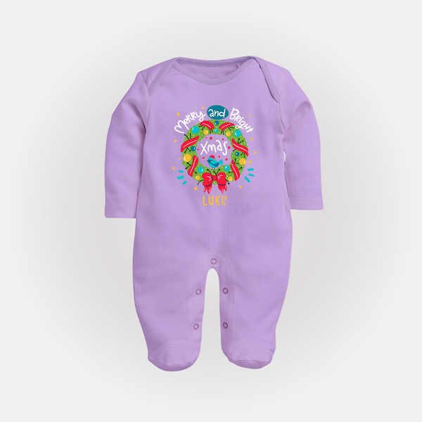 Merry And Bright Xmas - Customized Christmas Themed Sleep Suit For Babies - LILAC - New Born (Chest 7.5")