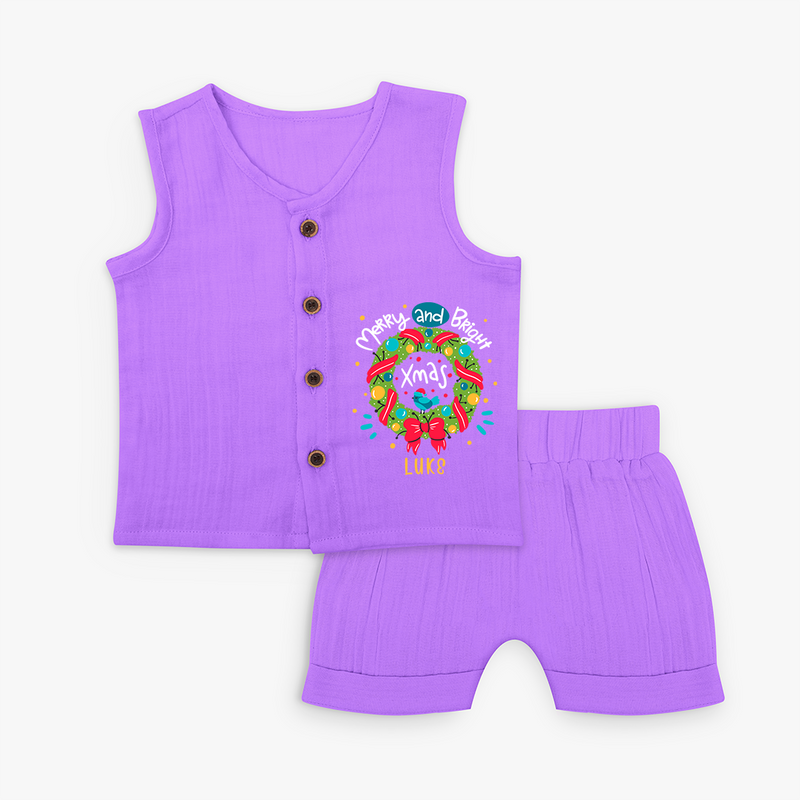 Merry And Bright Xmas - Customized Christmas Themed Jabla Set For Kids - PURPLE - 0 - 3 Months Old (Chest 9.8")