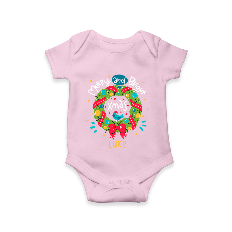 Merry And Bright Xmas - Customized Christmas Themed Romper For Kids - BABY PINK - 0 - 3 Months Old (Chest 16")