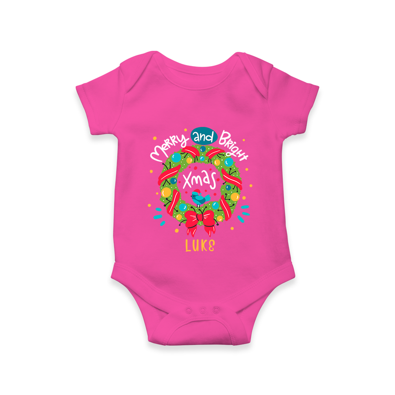 Merry And Bright Xmas - Customized Christmas Themed Romper For Kids - HOT PINK - 0 - 3 Months Old (Chest 16")