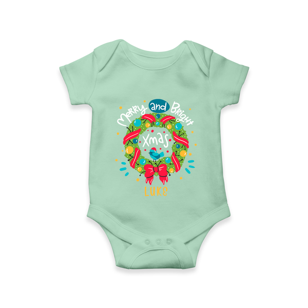 Merry And Bright Xmas - Customized Christmas Themed Romper For Kids - MINT GREEN - 0 - 3 Months Old (Chest 16")