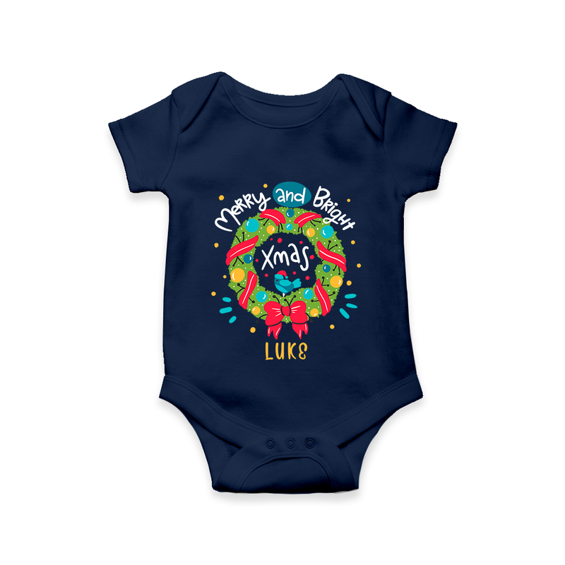 Merry And Bright Xmas - Customized Christmas Themed Romper For Kids - NAVY BLUE - 0 - 3 Months Old (Chest 16")