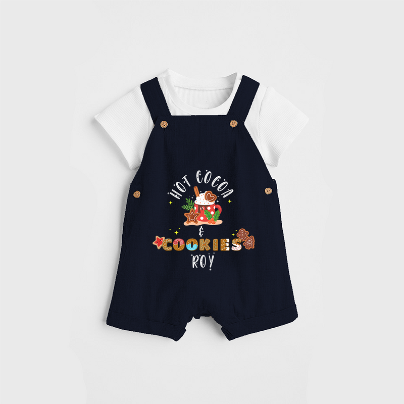 Hot Cocoa & Cookies - Customized Christmas Themed Dungaree Set For Kids - NAVY BLUE - 0 - 5 Months Old (Chest 18")