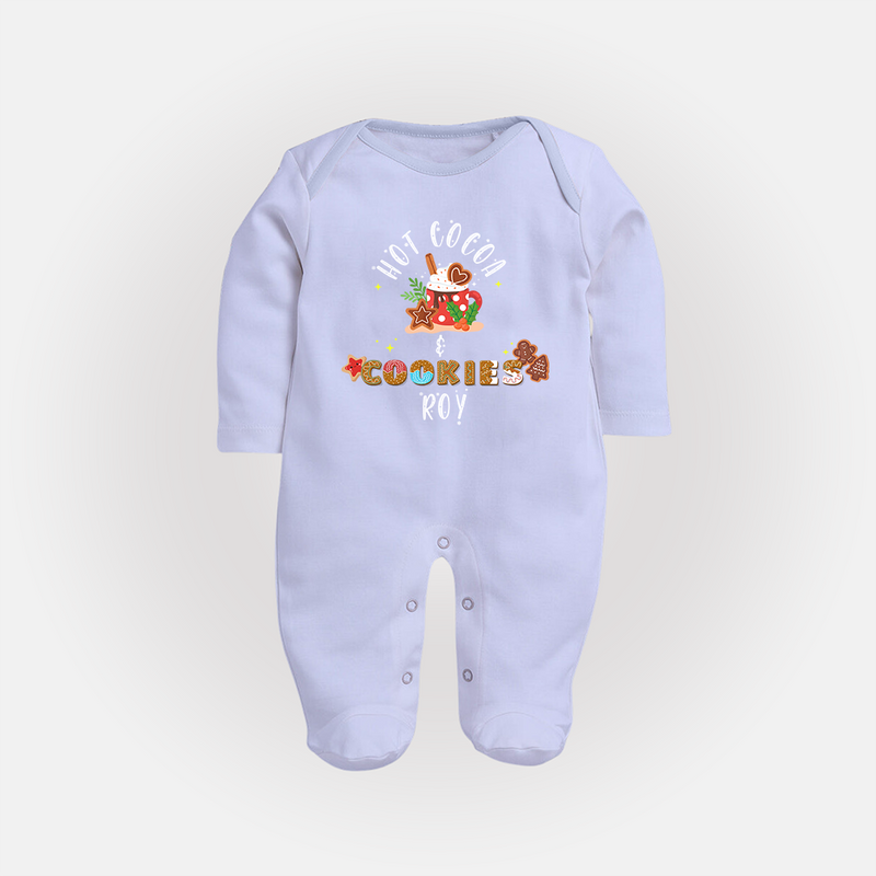 Hot Cocoa & Cookies - Customized Christmas Themed Sleep Suit For Babies - BABY BLUE - New Born (Chest 7.5")