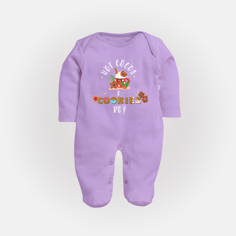 Hot Cocoa & Cookies - Customized Christmas Themed Sleep Suit For Babies - LILAC - New Born (Chest 7.5")