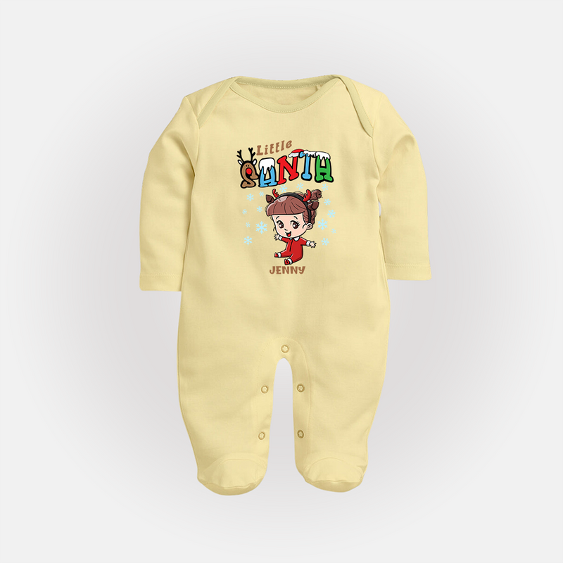 Little Santa - Custom-made Kids Baby Sleep Suit For Christmas - PASTEL YELLOW - New Born (Chest 7.5")