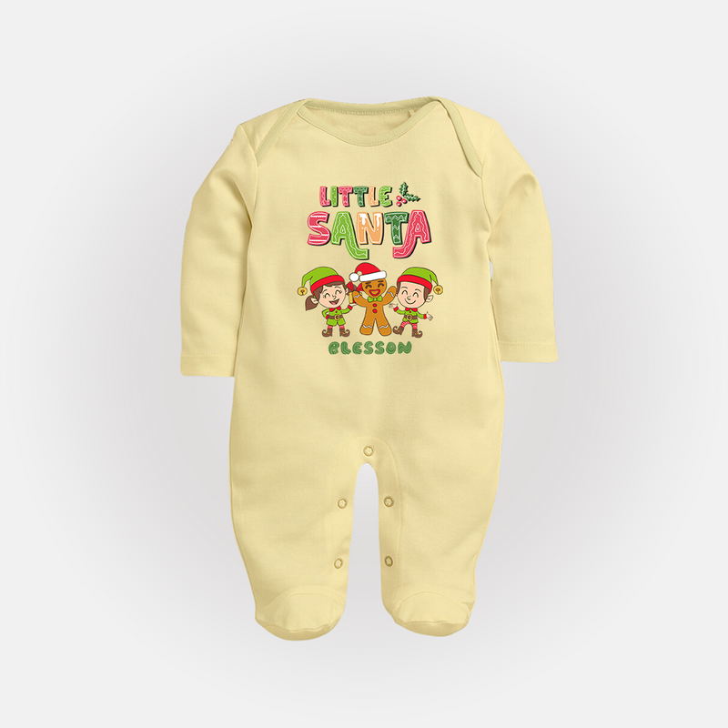 Little' Santa - Kids Baby Sleep Suit With Customized Name - PASTEL YELLOW - New Born (Chest 7.5")