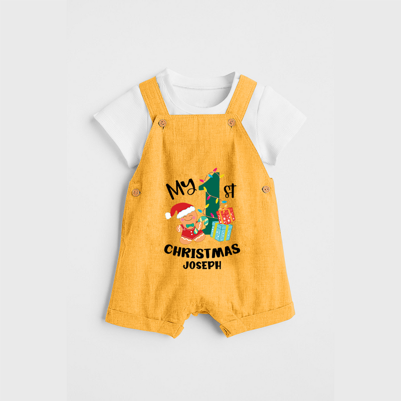 My 1st Christmas - Personalized Kids Dungaree Set For Christmas - PASTEL YELLOW - 0 - 5 Months Old (Chest 18")