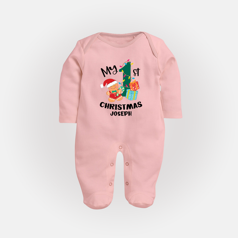 My 1st Christmas - Personalized Kids Baby Sleep Suit For Christmas - BABY PINK - New Born (Chest 7.5")