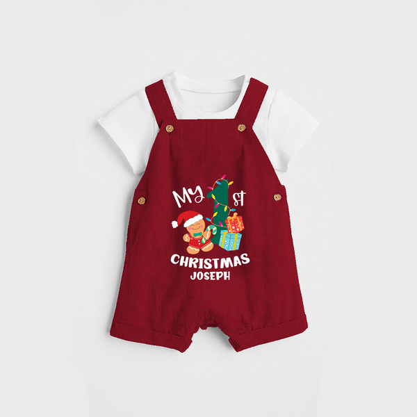 My 1st Christmas - Personalized Kids Dungaree Set For Christmas - RED - 0 - 5 Months Old (Chest 18")