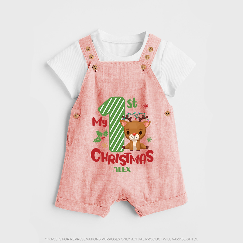 My 1st Christmas - Customized Dungaree Set For Christmas - PEACH - 0 - 5 Months Old (Chest 18")