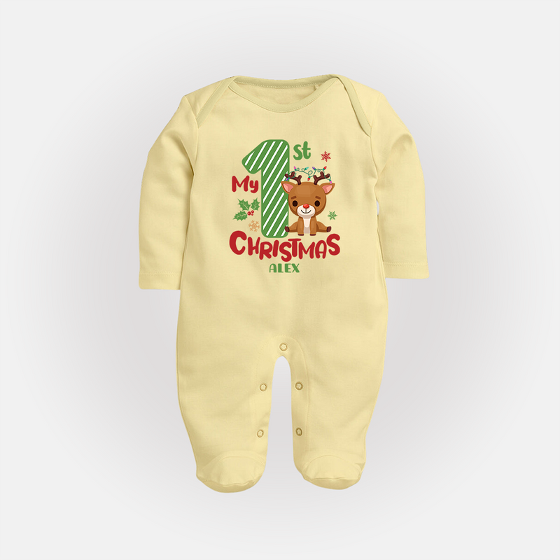 My 1st Christmas - Customized Baby Sleep Suit For Christmas - PASTEL YELLOW - New Born (Chest 7.5")