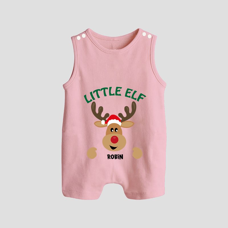 "Little Elf" - Christmas Themed Button Romper With Customized name - BABY PINK - 0 - 5 Months Old (Chest 18")