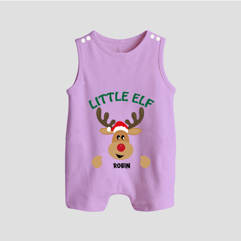 "Little Elf" - Christmas Themed Button Romper With Customized name - LILAC - 0 - 5 Months Old (Chest 18")