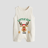 "Little Elf" - Christmas Themed Button Romper With Customized name - WHITE - 0 - 5 Months Old (Chest 18")