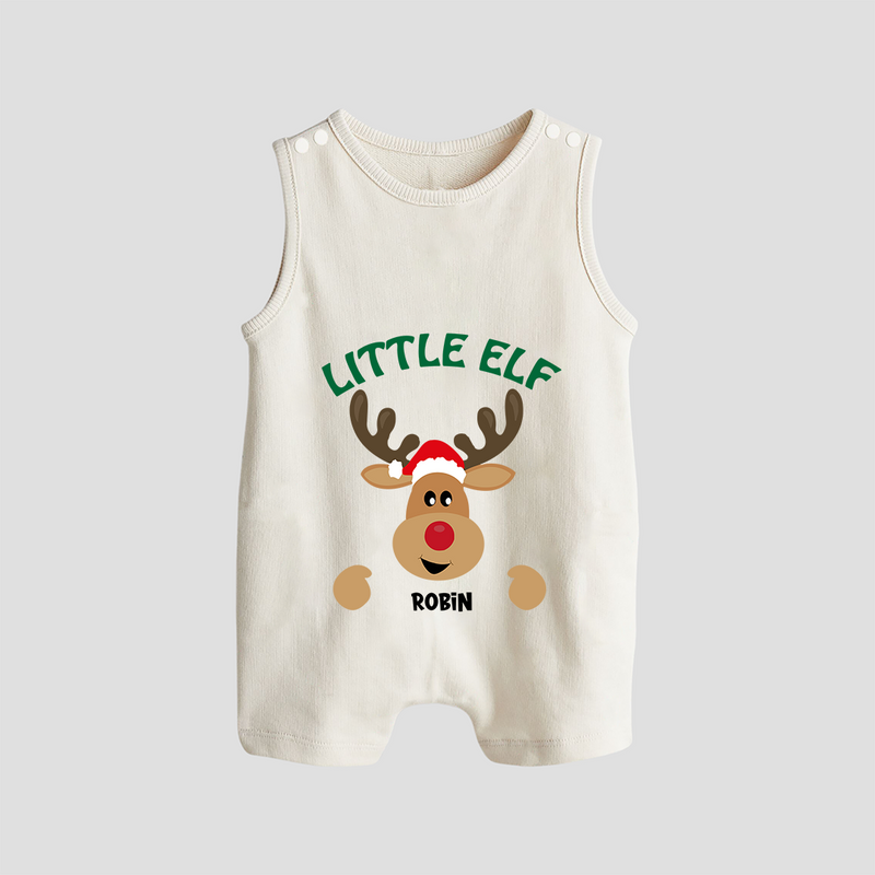 "Little Elf" - Christmas Themed Button Romper With Customized name - WHITE - 0 - 5 Months Old (Chest 18")