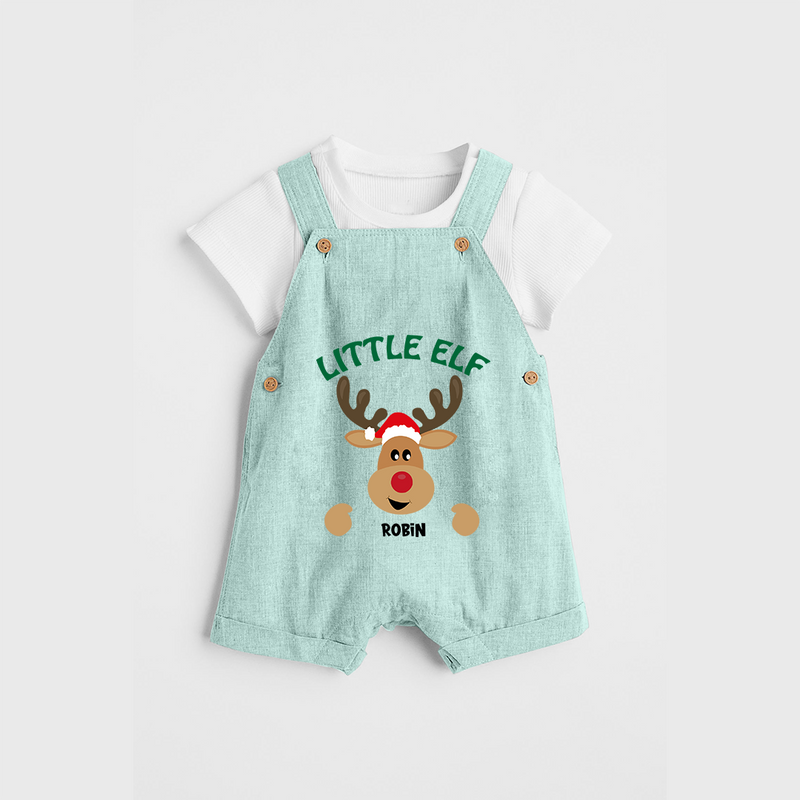 "Little Elf" - Christmas Themed Kids Dungaree Set With Customized name - ARCTIC BLUE - 0 - 5 Months Old (Chest 18")