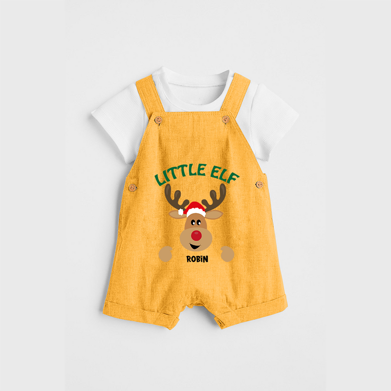 "Little Elf" - Christmas Themed Kids Dungaree Set With Customized name - PASTEL YELLOW - 0 - 5 Months Old (Chest 18")