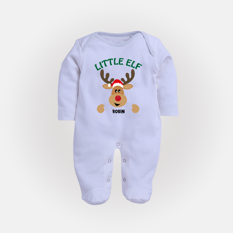 "Little Elf" - Christmas Themed Baby Sleep Suit With Customized name - BABY BLUE - New Born (Chest 7.5")