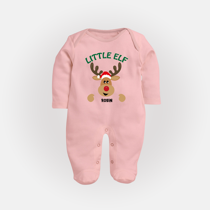 "Little Elf" - Christmas Themed Baby Sleep Suit With Customized name - BABY PINK - New Born (Chest 7.5")