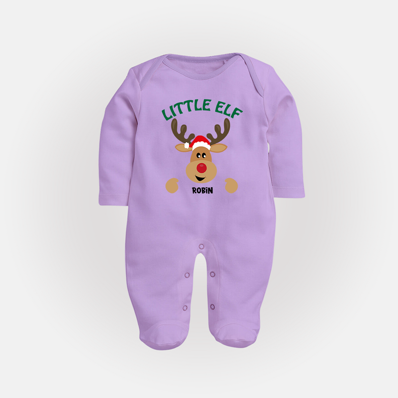 "Little Elf" - Christmas Themed Baby Sleep Suit With Customized name - LILAC - New Born (Chest 7.5")