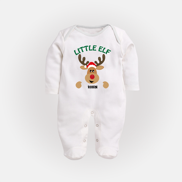 "Little Elf" - Christmas Themed Baby Sleep Suit With Customized name - WHITE - New Born (Chest 7.5")