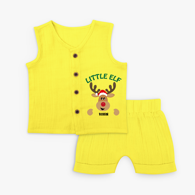 "Little Elf" - Christmas Themed Kids Jabla Set With Customized name - YELLOW - 0 - 3 Months Old (Chest 9.8")