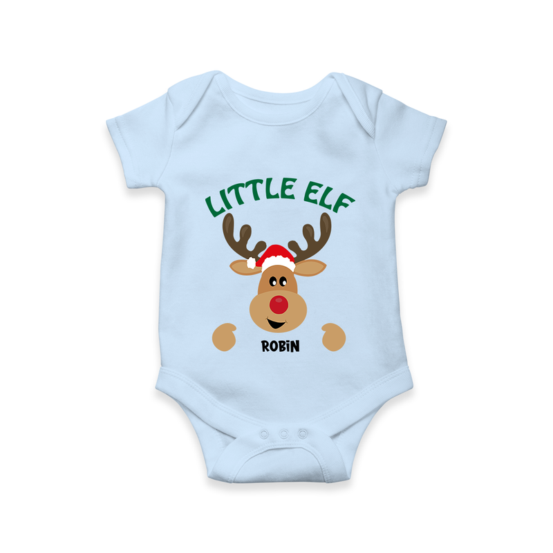 "Little Elf" - Christmas Themed Kids Romper With Customized name - BABY BLUE - 0 - 3 Months Old (Chest 16")