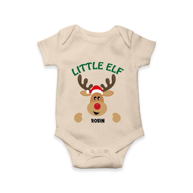 "Little Elf" - Christmas Themed Kids Romper With Customized name - IVORY - 0 - 3 Months Old (Chest 16")