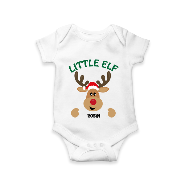 "Little Elf" - Christmas Themed Kids Romper With Customized name - WHITE - 0 - 3 Months Old (Chest 16")