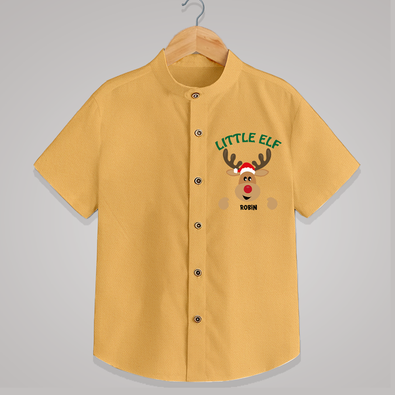 "Little Elf" - Christmas Themed Kids Shirt With Customized name - PASTEL YELLOW - 0 - 6 Months Old (Chest 23")