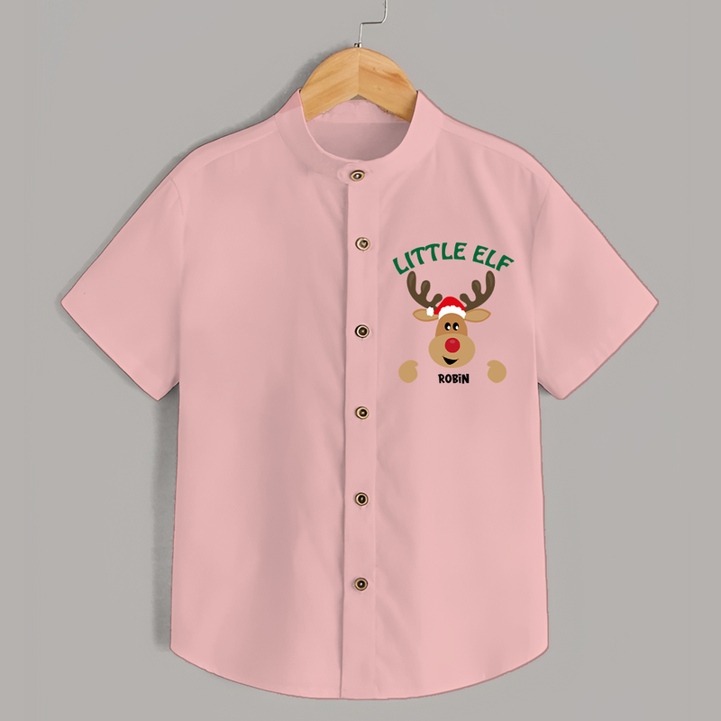 "Little Elf" - Christmas Themed Kids Shirt With Customized name - PEACH - 0 - 6 Months Old (Chest 23")