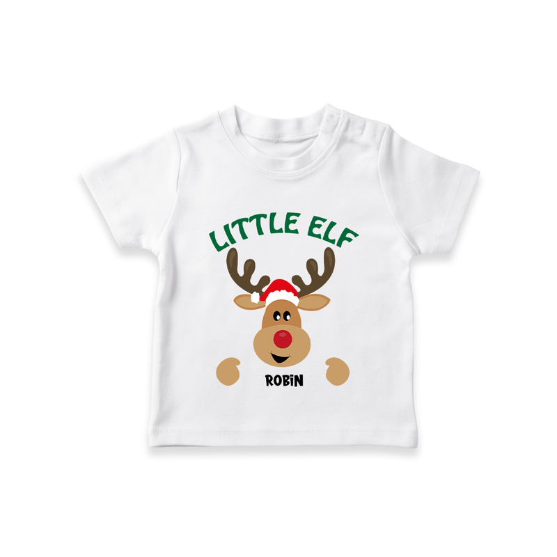 "Little Elf" - Christmas Themed Kids T-Shirt With Customized name - WHITE - 0-5 Months Old (Chest 17")