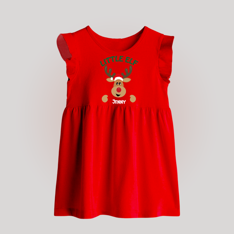 "Little Elf" - Christmas Themed Baby Frock With Customized name - RED - 0 - 3 Months Old (Chest 17")