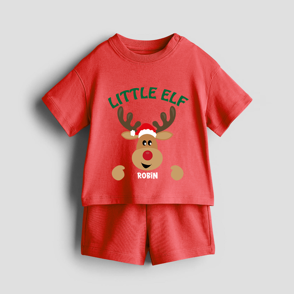 "Little Elf" - Christmas Themed Kids Co-ord Set With Customized name - RED - 0-5 months old  (Chest 18")