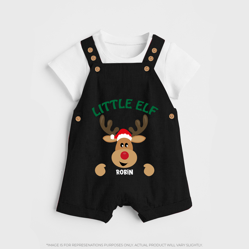 "Little Elf" - Christmas Themed Kids Dungaree Set With Customized name - BLACK - 0 - 5 Months Old (Chest 18")