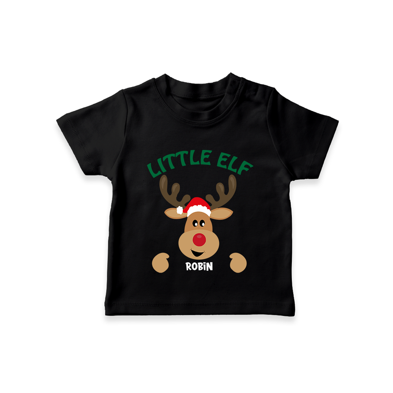 "Little Elf" - Christmas Themed Kids T-Shirt With Customized name - BLACK - 0-5 Months Old (Chest 17")