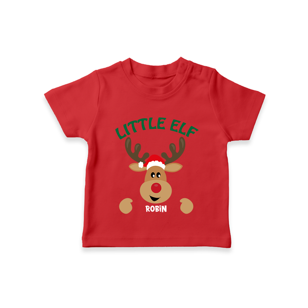 "Little Elf" - Christmas Themed Kids T-Shirt With Customized name - RED - 0-5 Months Old (Chest 17")